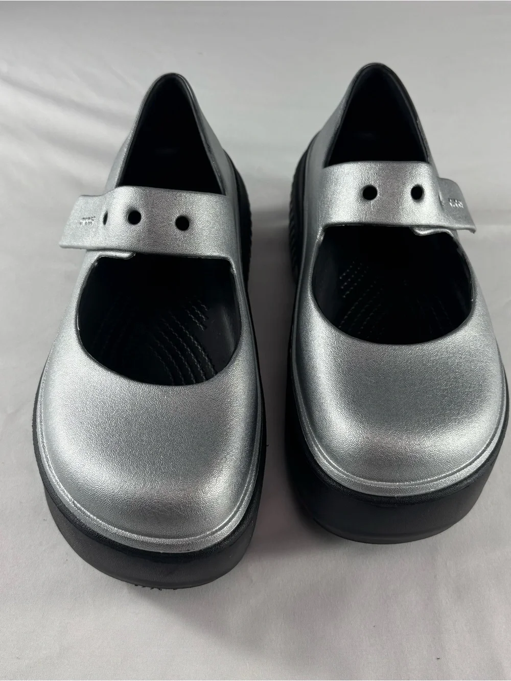 CROCS Metallic Silver Mary Jane Platform Clogs